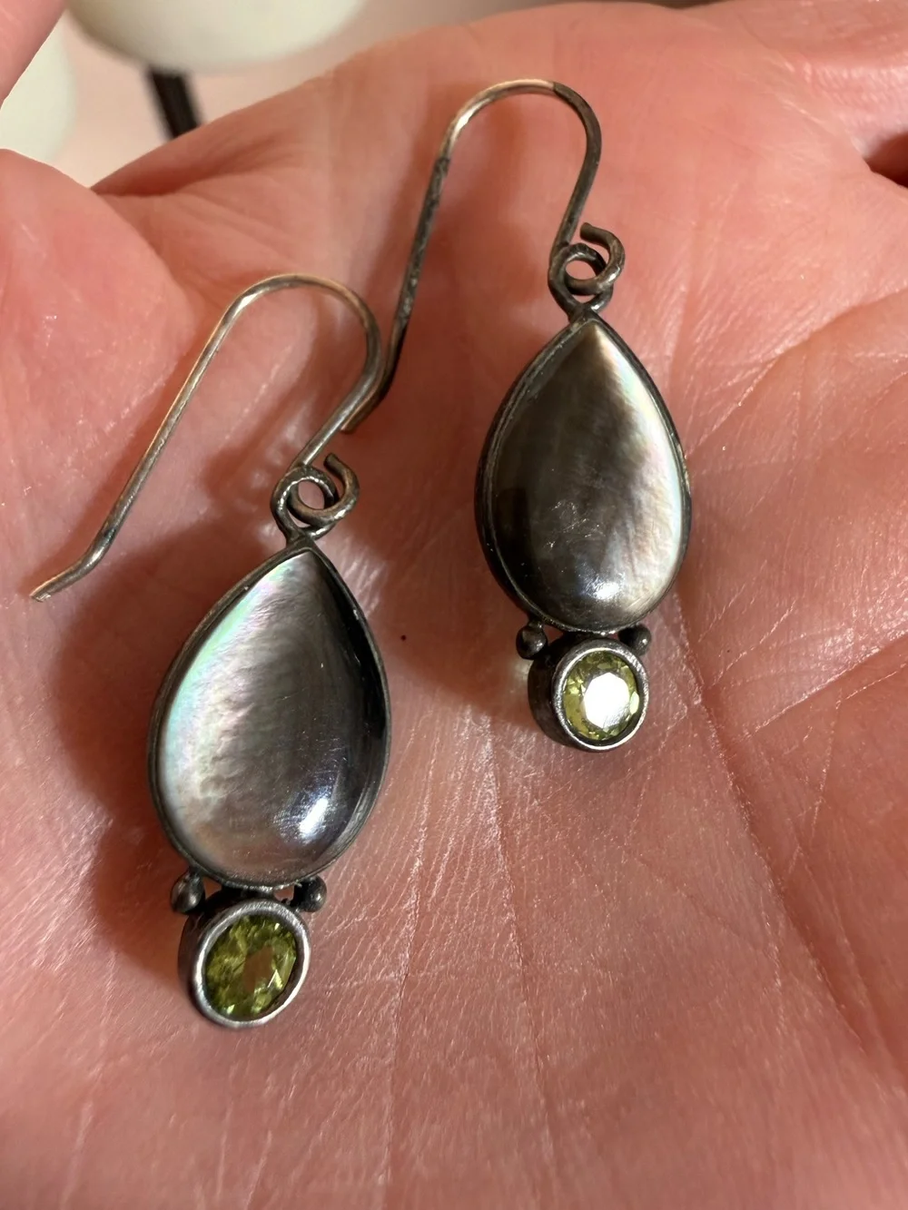 Sterling silver Abalone shell tear drop green Peridot Dangle Minimalist earrings